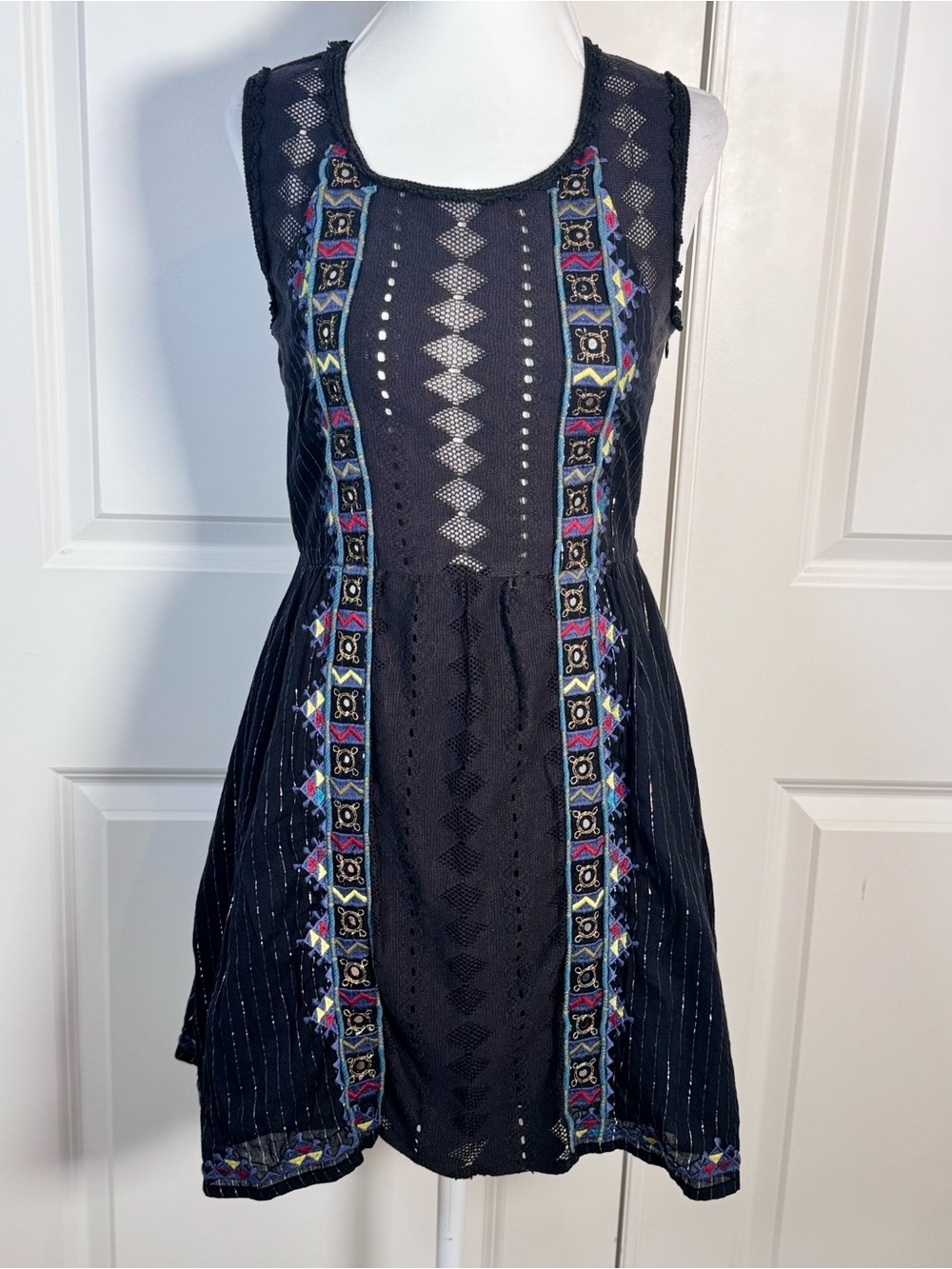 Free People Water Lily Dress 0 Black Embroidered Mirror Boho Cutout Mini Western